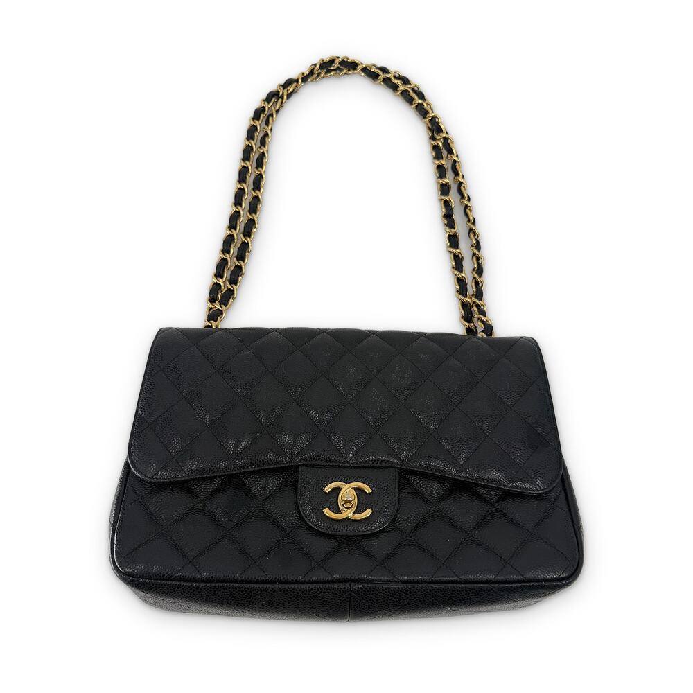 Chanel Classic Double Flap Jumbo Caviar Leather Black Gold Hardware Shoulder Bag